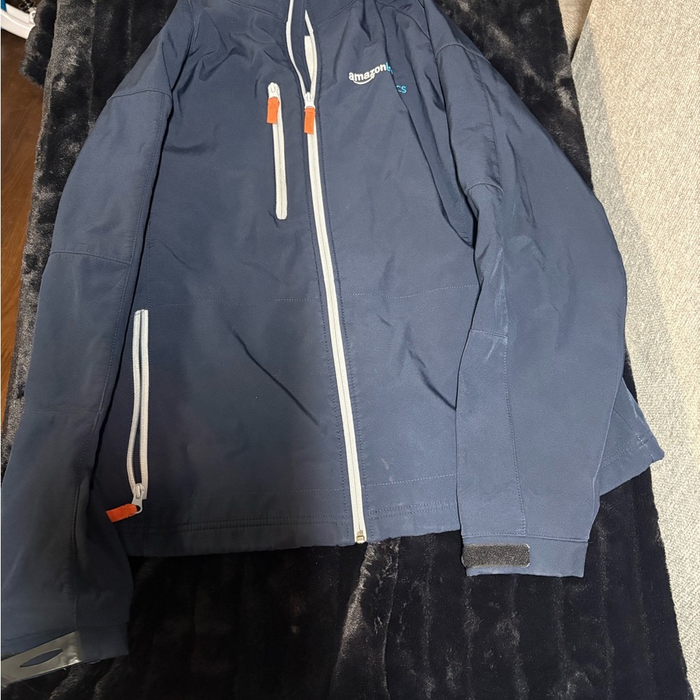 Amazon Men's Navy Blue Windbreaker Jacket with White Zippers